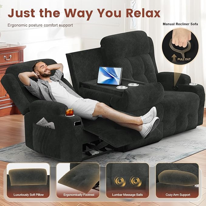 Loveseat Recliner, 3 Seater Massage Reclining Sofa Sets Fabric Recliner Sofa, RV Loveseat Couch Clearance with Drop Down Table, Storage, Cup Holders, Wall Hugger Reclining Couch for Living Room | RV Loveseat, Wall Hugger, Drop Down Table, Storage, Cup ...