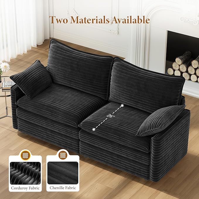 Vesgantti 74" Loveseat Sofa for Living Room, Comfy Cloud Couch Deep Seat Corduroy Modern 2 Seater Small Sofa with Armrest Pillow, Easy Assembly for Small Spaces, Black | Sink-in Comfort, Height Adjustable, Easy Rearrangement, Extra-deep Ottoman, Solid ...