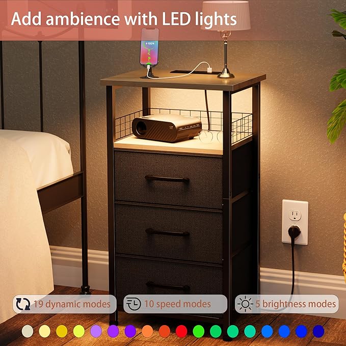 Night Stand Set 2 with Charging Station, End Table Set of 2 with 20 Colors LED Light Strip, 3 Fabric Drawers, Bedside Table with USB Ports and Outlets for Bedroom (Grey)