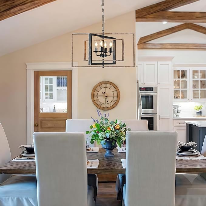 Farmhouse Wooden Chandeliers for Dining Room, 26 Inch Wood Chandelier, 4-Light Rustic Chandelier with Vintage Texture Metal Semi Flush Mount Ceiling Light for Kitchen Island Dining Room Foyer