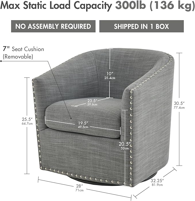 Madison Park Swivel Barrel Accent Chair, Upholstered Curved Back with 7-Inch Thick Woven Cushion, 360° Swivel, Nailhead Trim, Comfy Chair for Living Room, Bedroom, Office, 28" Wide, Grey, Tyler