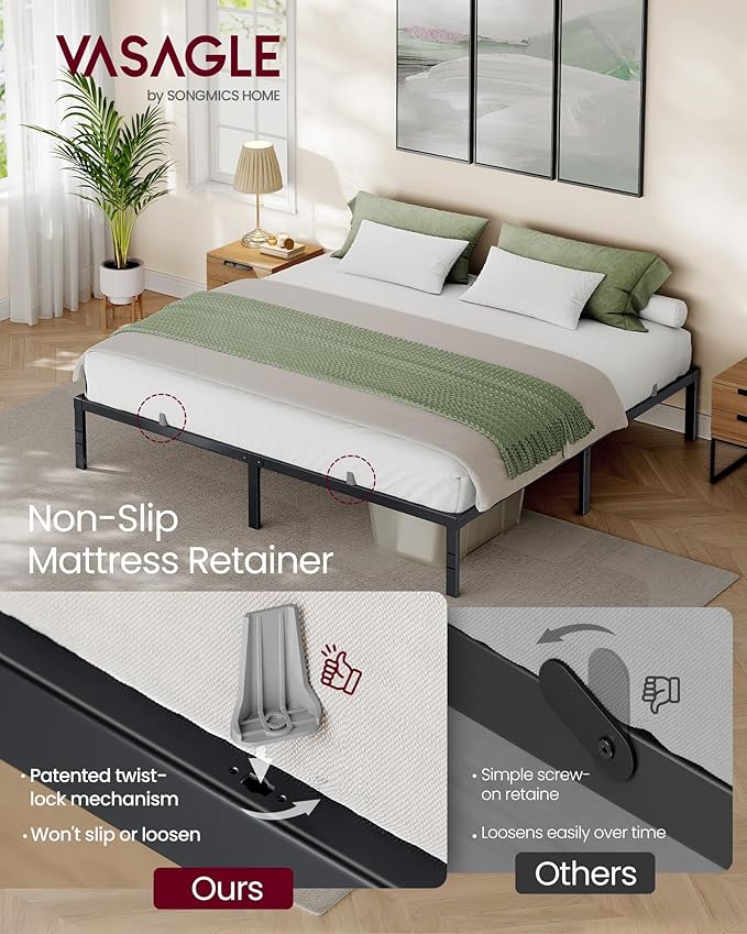 VASAGLE King Metal Bed Frame 14 Inches Tall, 1100 lb Weight Capacity, No Box Spring Needed, with Under-Bed Storage, Easy Setup, Heavy-Duty Platform Bed, Mattress Retainers, Matte Black URMB654BD02S