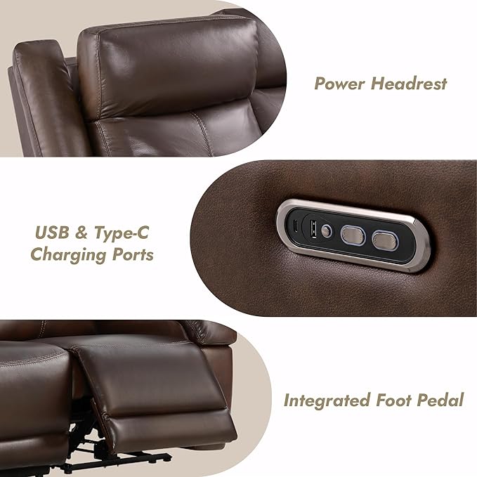 Watson & Whitely Genuine Leather Power Recliner Sofa, 3 Seater Wall Hugger Reclining Sofas with Power Headrest, USB & TypeC Ports, Electric Recliner Couch Set for Living Room, Dark Brown