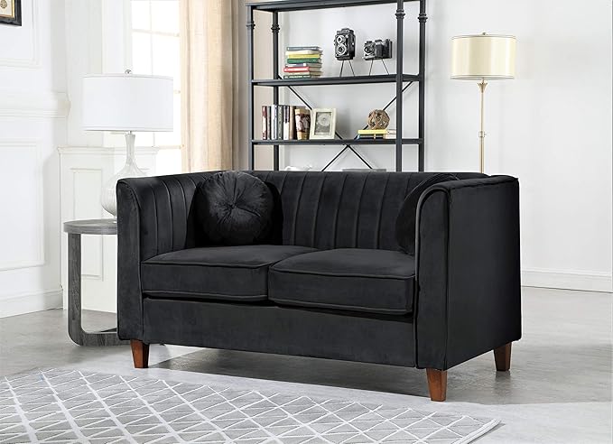 Container Furniture Direct Arvilla 3 Piece Velvet Sofa Set with Bolster Pillows, Mid Century Modern Design, Chesterfield-Inspired Couch, Loveseat and Chair for Living Rooms, Midnight Black