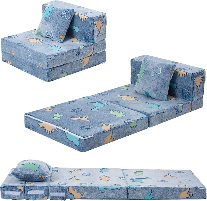 MeMoreCool Foldable Futon Chair Bed for Kids, Glow Tri-fold Sofa Bed Convertible Toddler Sofa Mattress, Foam Floor Couch for Sitting, Blue