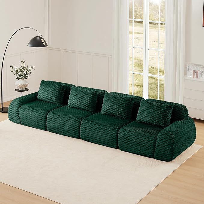 KEIKI 146" Oversized 4-Seater Boneless Couches for Living Room, Comfy Deep Seat Modular Sectional Velvet Sofa, Cloud Soft Cushion No Assembly Lounge Couch for Relaxing, Modern Comfort Design, Green