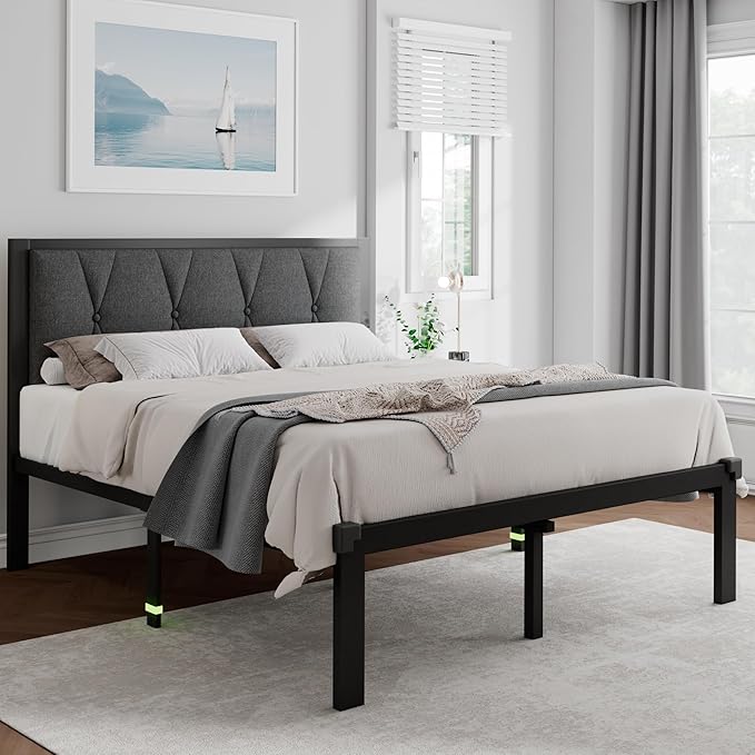 Feonase Queen Metal Bed Frame with Fabric Button Tufted Headboard, Platform Bed with Heavy Duty Metal Slats, 12 Inch Storage Space, Noise Free, No Box Spring Needed, Dark Grey