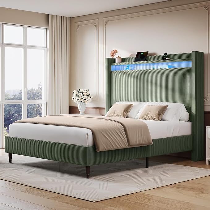 Queen Size Bed Frame with Tall Headboard, 55.3" Upholstered Platform Queen Bedframe with Wingback Storage Headboard, Charging Station & LED Lights, No Box Spring Needed, Wooden Slats, Corduroy, Green