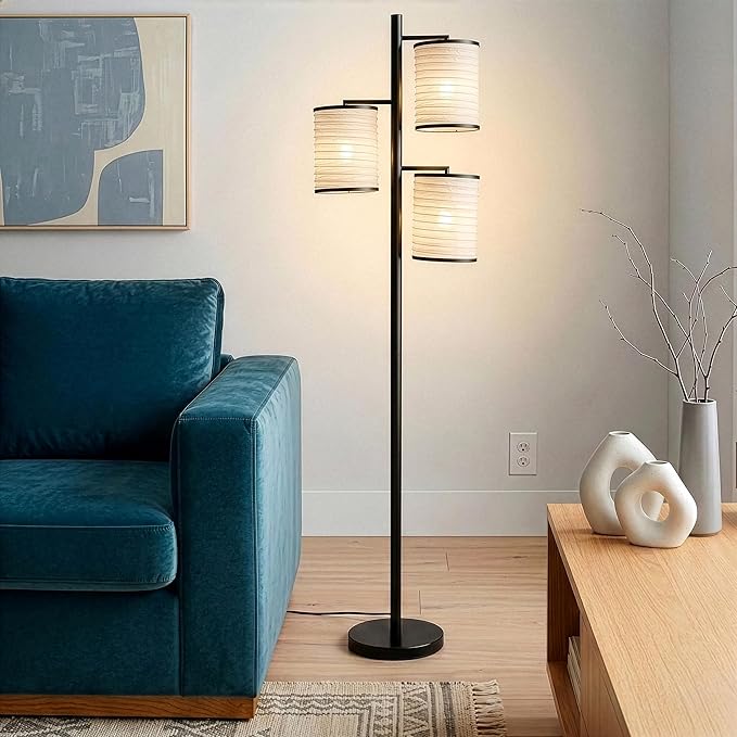 Brightech Liam Floor Lamp, Great Living Room Décor, Tree Lamp for Offices, Asian Lantern Shade Lamp for Living Rooms, Standing Light with 3 LED Light Bulbs for Bedroom Reading - Black