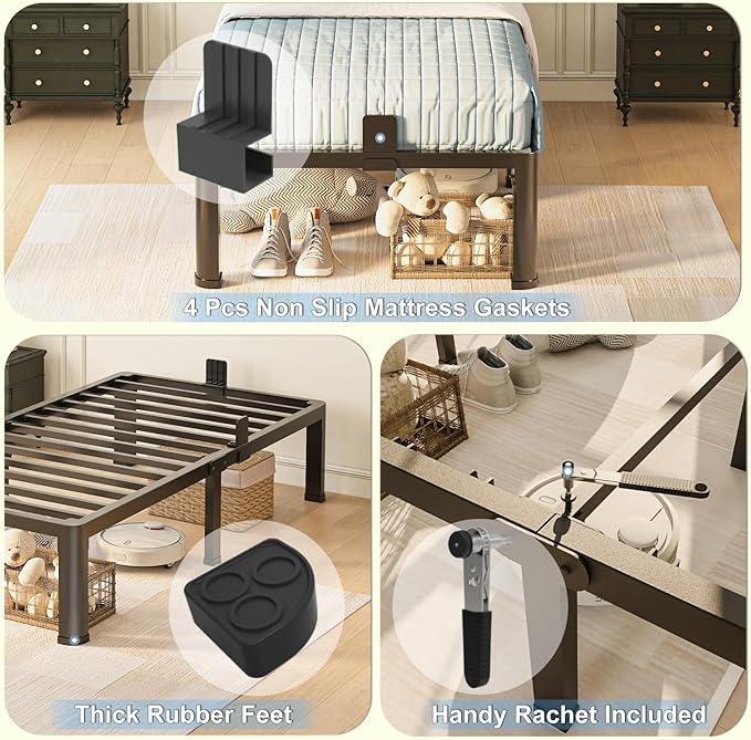 6 inch Twin Bed Frame with Round Corner Legs Mattress Slide Stopper,Low Profile Heavy Duty Metal Platform,No Box Spring Needed,Steel Slat Support,Easy Assembly,Noise Free