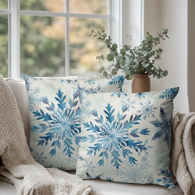 Set of 2 Winter Snowflake Pillow Covers Blue Christmas Decorative Throw Pillow Cases 24x24 Inch Farmhouse Xmas Holiday Outdoor Cotton Linen Pillowcase for Living Room Couch Sofa Decor