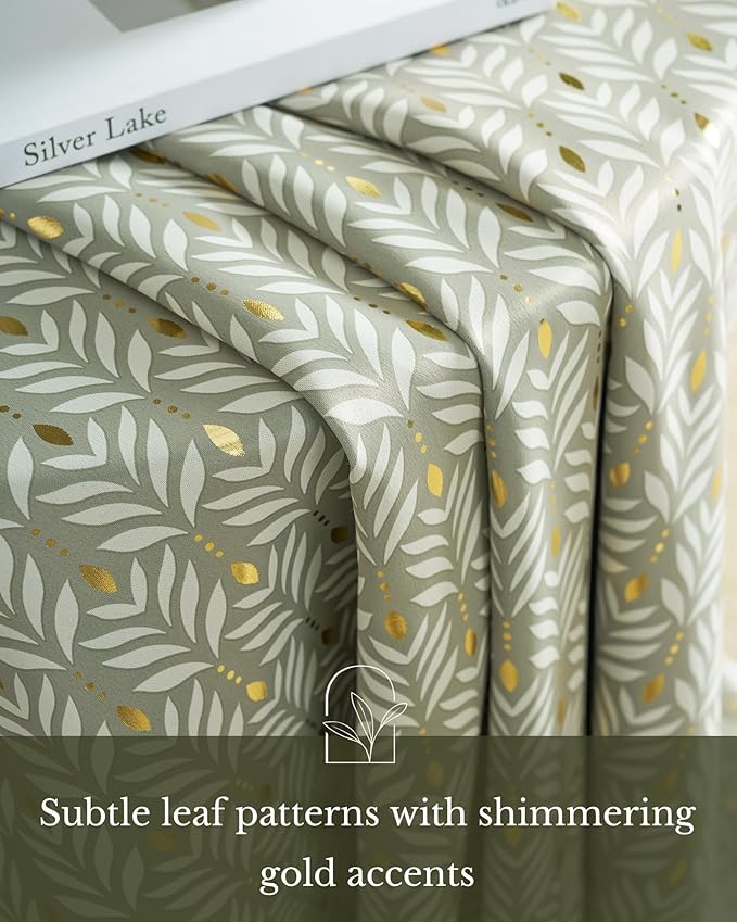 NICETOWN 100% Blackout Curtain Panels for Bedroom 84 inches Long, Green, 2 Pieces, 52 inches Wide, Thermal Insulated Home Decoration Gold Foil Leaf Panels for Living Room/Kids Room