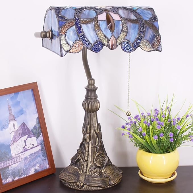 Tiffany Banker Lamp Small Stained Glass Table Lamp Tiffany Style Piano Light Blue Purple Cloudy Style Desk Lamp Angle Adjustable 10.6X15.7 Inch for Home Office Living Room Bedroom