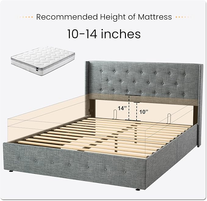 SHA CERLIN Full Size Lift Up Storage Bed Frame,Button Tufted Wingback Headboard,Upholstered Platform,Hydraulic Storage,Wooden Slat Support,No Box Spring,Grey Blue