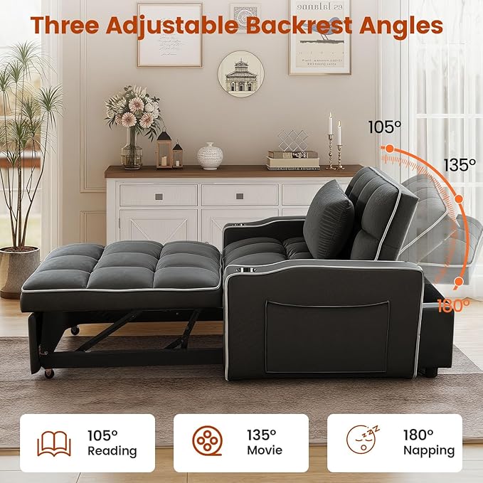 Sleeper Chair, Pull Out Chair Sleeper with Bracket and Cup Holder, Single Convertible Chairs Bed Sleepers for Adults, 3 in 1 Sofa Bed Chairs for Small Spaces, Living Room, Black