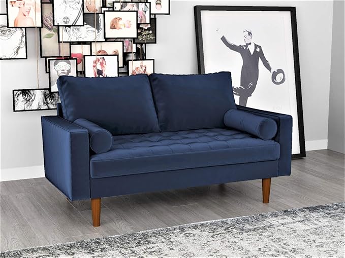 Container Furniture Direct Womble 58 Inch Velvet Loveseat Sofa with Elegant Button Tufted Upholstery, Square Arms, Splayed Wood Legs, Includes Matching Bolster Pillows, Misty Blue