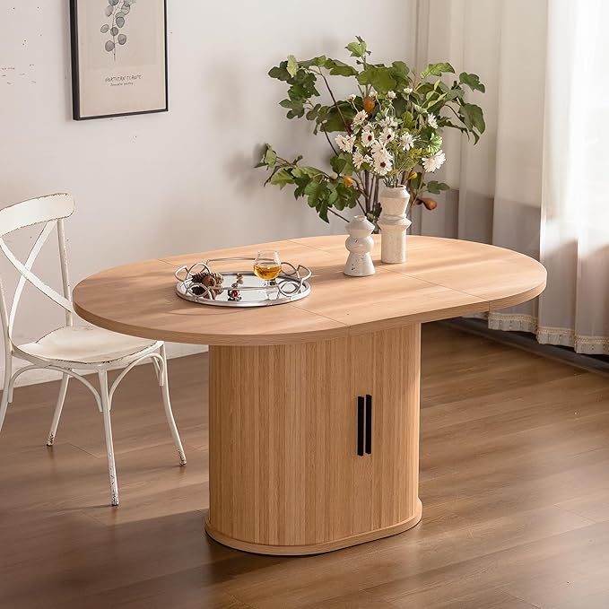 KEIKI Dining Table for 4-6, 59 Inch Modern Dining Room Table with 2-Layer Storage Shelf and Wood Slide Door, Oval Circle Dinner Furniture with Pedestal Base for Dining Room