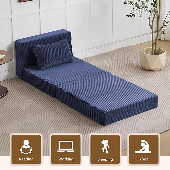 WUTUTUEE Folding Sofa Bed Convertible Floor Couch Foldable Chair Bed with Pillow，Linen Sleeper Chair Futon,Foldable Memory Foam Mattress for Bedroom/Living Room/Dorm/Office (Corduroy Navy, Single)