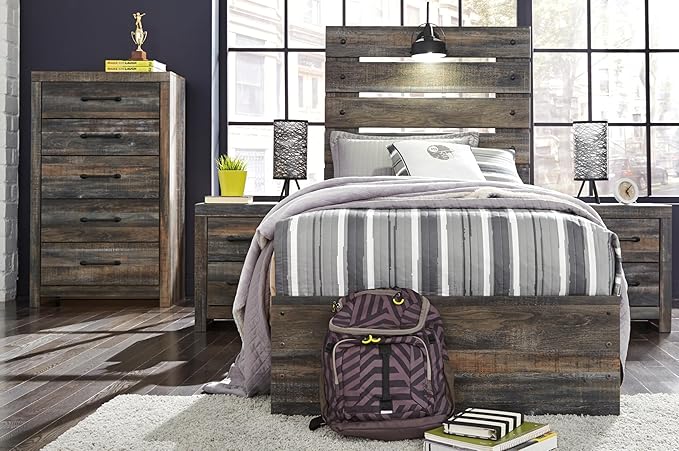 Signature Design by Ashley Drystan Rustic Twin Panel Platform Bed with 4 Storage Drawers, Open Cubbies, Sconce LED Light and USB Ports, Foundation or Box Spring Not Needed, Dark Brown & Gray