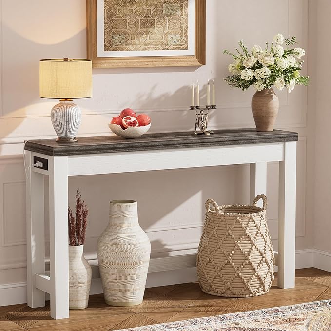Cyclysio 47" Console Tables for Entryway, Narrow Console Tables for Living Room, Behind Couch Table, Sturdy Wood Support Hallway Table with 3AC+2USB Charging‌ Station, Oak