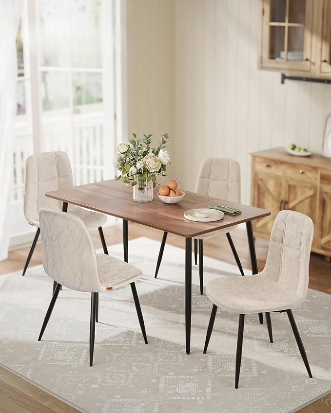 VASAGLE Dining Chairs, Set of 4 Dining Room Chairs, Metal Frame, Adjustable Feet, Easy to Clean, Chenille Fabric, Glacier-Textured Synthetic Leather, for Kitchen, Cream White UKDC188W01