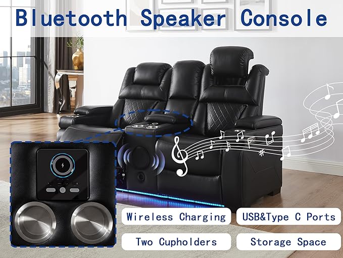 THSUPER Power Breathable Leather Reclining Loveseat with 7-Color LED Light, Living Room Recliner Couch with Adjustable Headrest/USB Port/Wireless Charging/Bluetooth Speaker for Living Room, Black