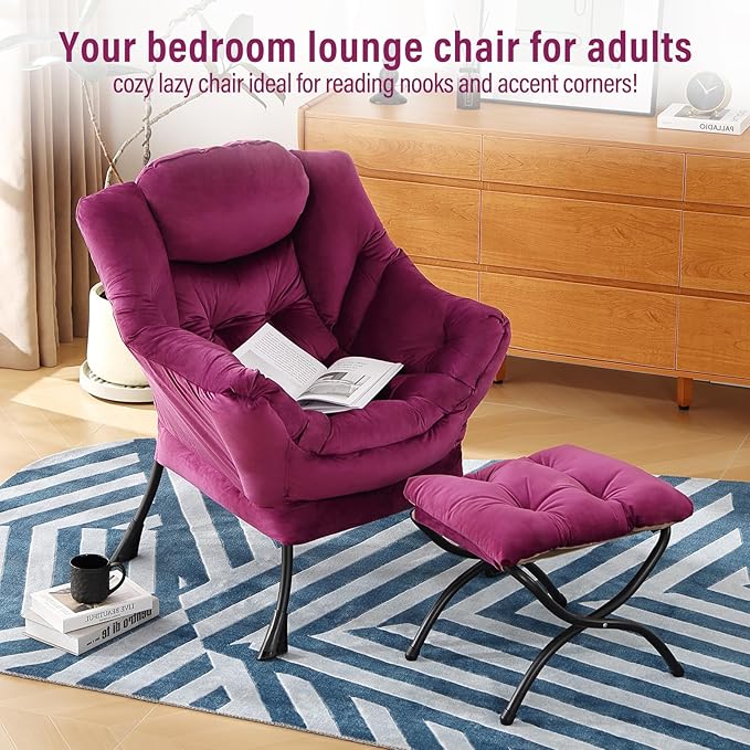Lazy Chair with Ottoman, Modern Chair with Folding Footrest, Velvet Dark Purple Accent Chair, Comfortable Reading Chair, Oversized Armchairs for Bedroom, Study, Living Room, Courtyard