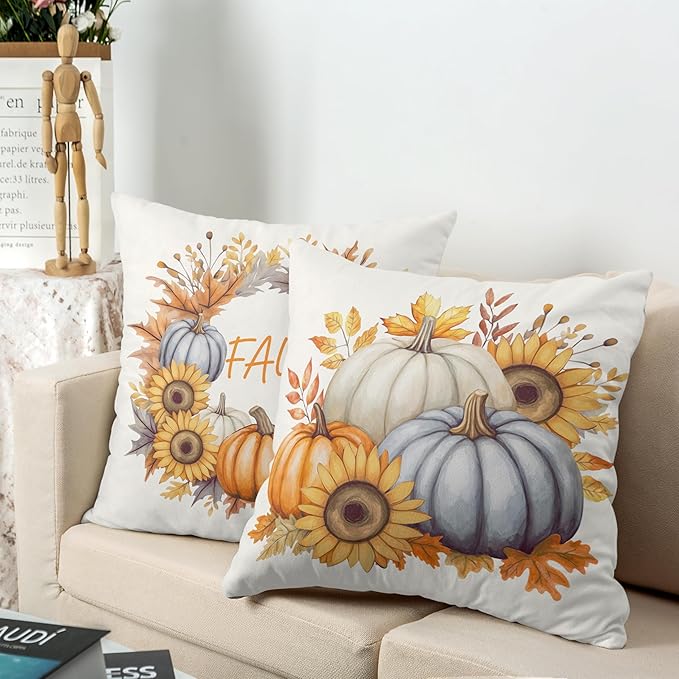 Fall Pillow Covers 24x24 Set of 2 Colorful Pumpkin Sunflower Wreath Throw Pillow Covers Autumn Harvest Pillow Case Thanksgiving Cushion Case for Home Decor Couch Sofa