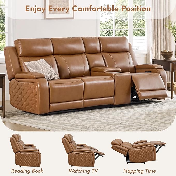 Watson & Whitely Genuine Leather Power Recliner Sofa with Console, 3 Seater Zero Gravity Reclining Sofa with Power Headrest & Flip Middle Backrest Table, Cup Holders for Living Room, Saddle Brown