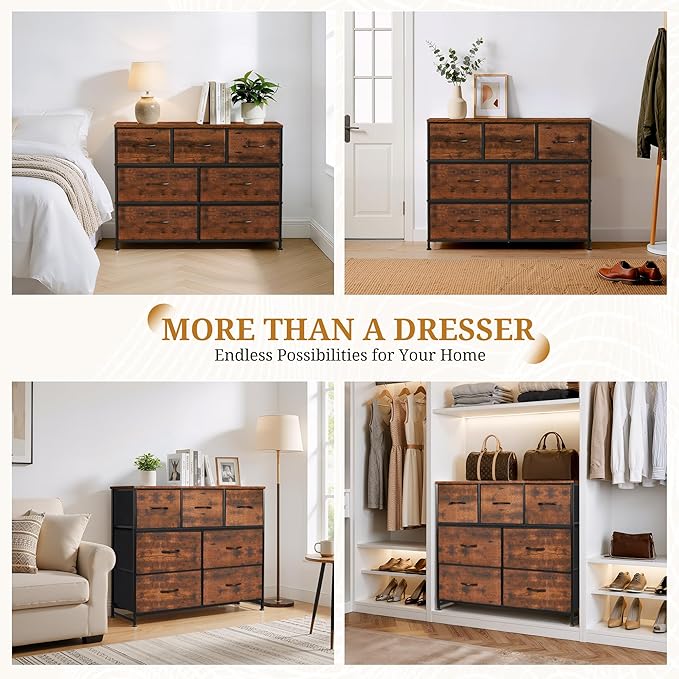 Dresser with 7 Drawers for Bedroom, Fabric Clothes Cabinet for Closet, Anti-Tip Storage Dresser with Metal Frame for Living Room, Entryway, Dorm, Brown