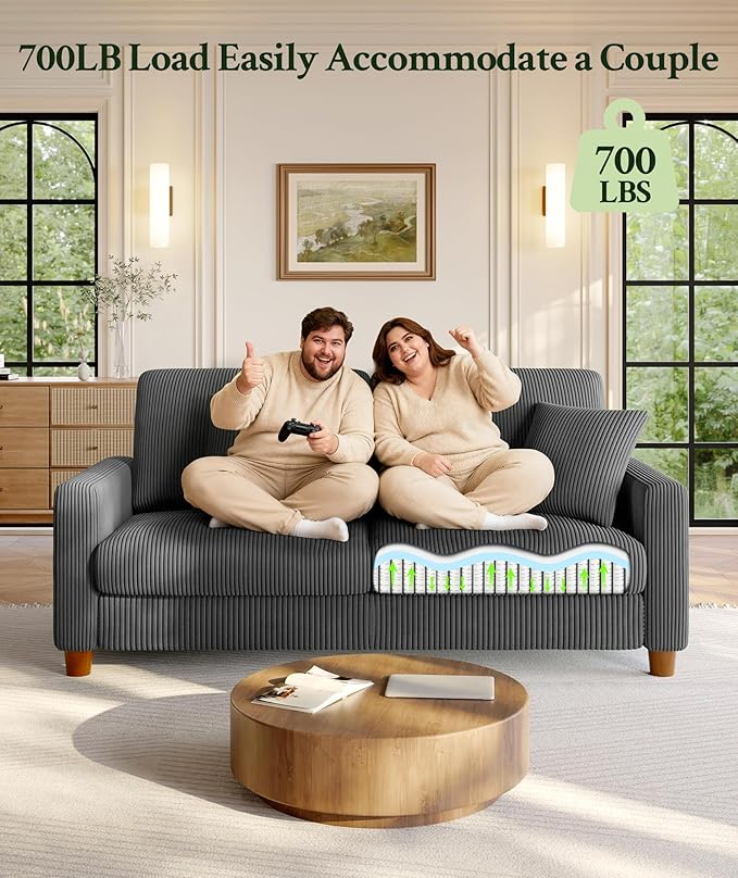 Welzona 70.2" Couches for Living Room, Comfy Grey Couch 7.1" Extra Thick Cushion, Sofas for Living Room Tool-Free Setup, Loveseat Sofa 705lbs Support, Corduroy Couch for Bedroom, Apartment, Office