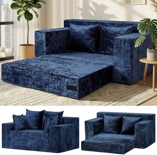 Convertible Sofa Bed, 5 in 1 Small Boneless Couch Pull Out Loveseat Sleeper Sofa,Corduroy Futon Couch Folding Mattress with 4 Pillows for Living Room (Blue, Loveseat(Silky Velvet))