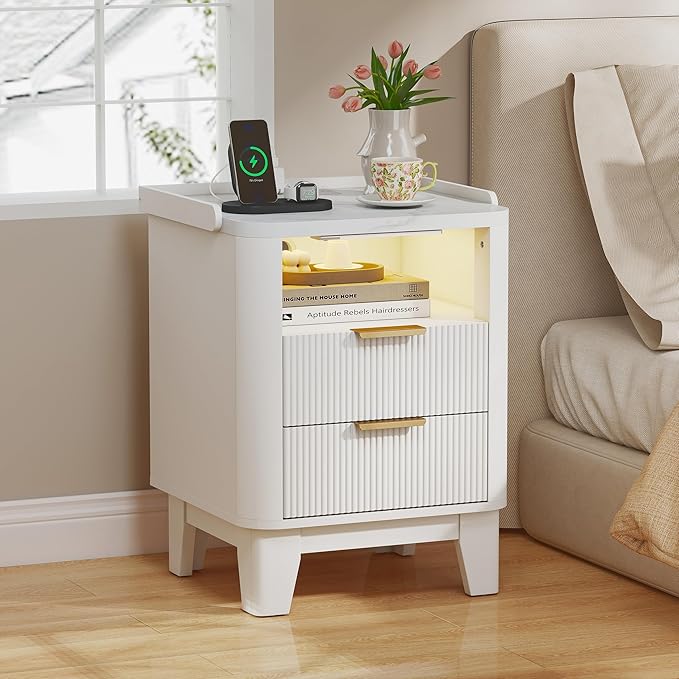 Night Stand with Charging Station, Fluted Nightstand with 2 Drawers and LED Light, Wood Bedside Table with Open Storage for Bedroom, White