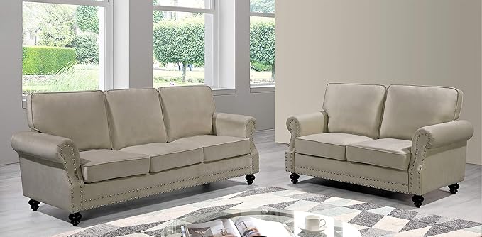 Container Furniture Direct Lotus Mid Century Modern Velvet Upholstered Living Room Rolled Arms, Loveseat, Beige