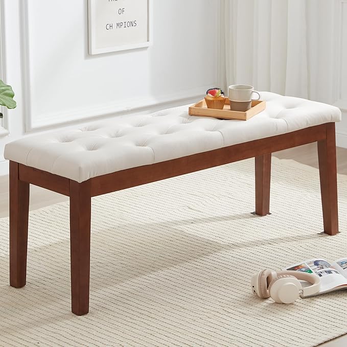 Ottoman Bench Upholstered Padded Seat with Solid Wood Legs and Button-Tufted, Linen Cream