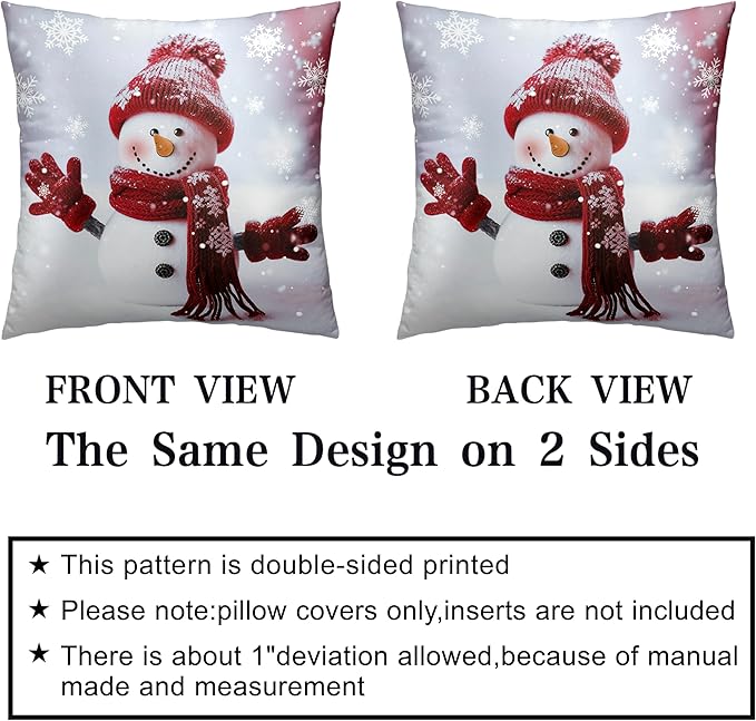 Christmas Snowman Throw Pillow Covers Winter Holiday Pillow Covers 24x24 Red Snowman with Snowflake Cushion Case for Couch Living Room Bedroom Sofa Set of 2