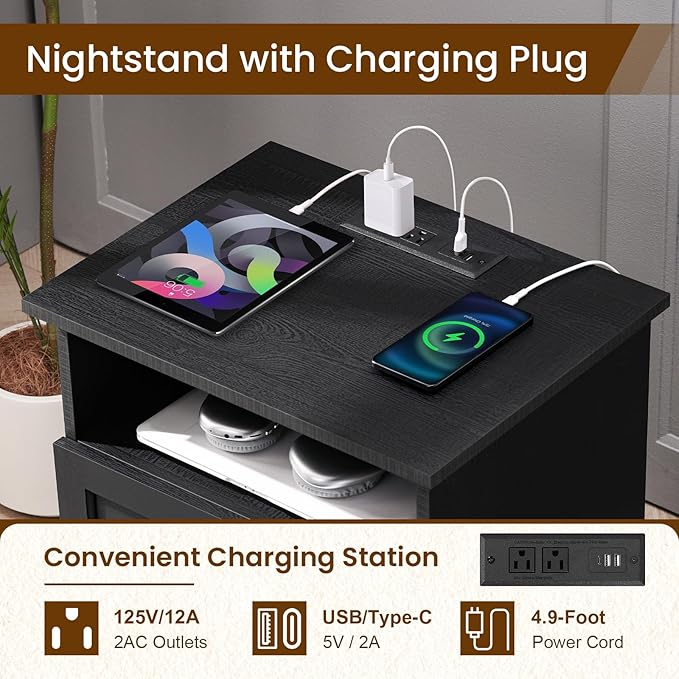 20-Inch Wide Modern Nightstand with Charging Station & Outlets, Bedside Table with 2 Drawers and Open Shelf, Sleek Design End Table for Bedroom and Office, Black (Single Piece)