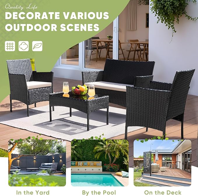 Greesum Patio Furniture 4 Pieces Conversation Sets Outdoor Wicker Rattan Chairs Garden Backyard Balcony Porch Poolside loveseat with Cushion and Glass Table, Black and Beige