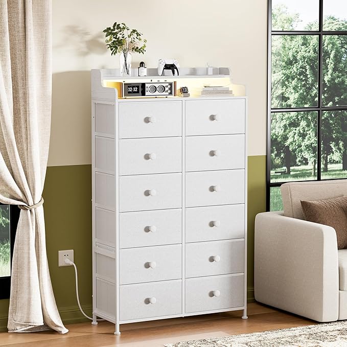 REAHOME Dresser for Bedroom with Charging Station and LED Lights, 12 Drawers Dresser TV Stand with Wooden Top, Tall Fabric Chest of Drawer with Sturdy Frame for Closet, Living Room, Hallway, White