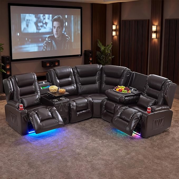 SAMERY Recliner Sectional Couch, Power Reclining Sectional Sofa, Wall Hugger Recliners RV Couch with Corner Couch, Flip-Backrest, Lift-Top Table, Ambient Lights, USB, Faux Leather, Brown | Extra Wide Seat, Plush Padding, Dual Power Recline, Lift-Up Tab...