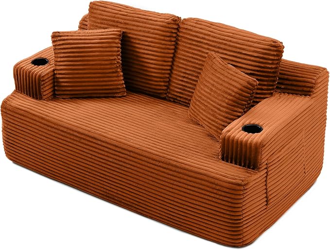 Floor Loveseat Boneless Sofa Couch in a Box with Cup Holder and Side Pockets, Corduroy Upholstered 2 Seater Cloud Foam Sofa with Deep Seating for Living Room, No Assembly | Breathable material, Cupholders