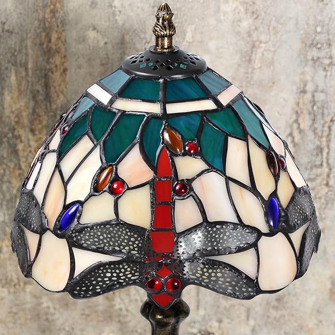 MIAOKE Stained Glass Table Lamp,Stained Glass Crystal Bead Style Table Light,Handmade Desk Bedside Night Light,Antique Art Craft Gifts Living Room Bedroom Bookcase(Green&White Dragonfly)