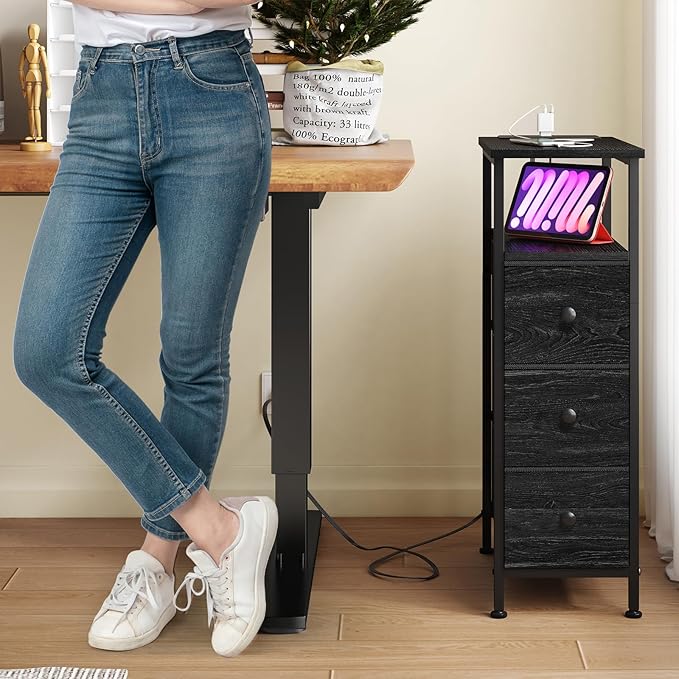 Fixwal Narrow Dresser with Charging Station, Tall Skinny Nightstand with 3 Fabric Drawers, Dorm Silm Bedside Table for Small Spaces Bathroom, Bedroom, Laundry (Charcoal Black)