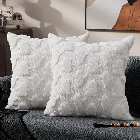 DFXSZ Halloween Pillow Covers 20x20 inch Set of 2 White Ghost Throw Pillow Cases Soft Plush Faux Fur Wool Couch Cushion Case for Chair Sofa Bedroom Living Room Home Decor PTK03R20