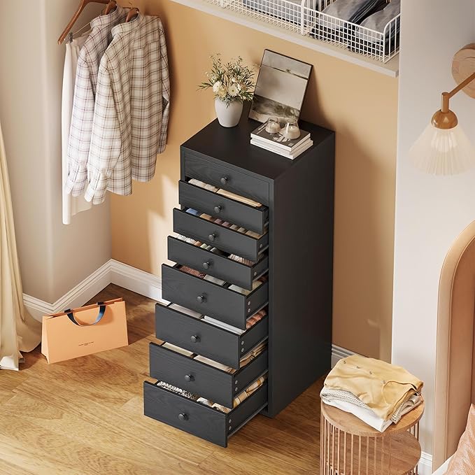 LIKIMIO Tall Dresser, Small Dressers with 8 Storage Drawers, Chest of Drawers for Organizing, Tall Narrow Dresser for Bedroom, Black
