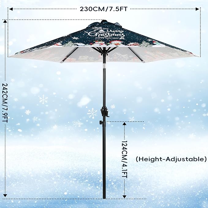 Seazul 7.5FT Christmas Patio Umbrella, Outdoor Table Umbrella with Push Button Tilt and Crank, Market Umbrella with 6 Steel Ribs, Dark Teal