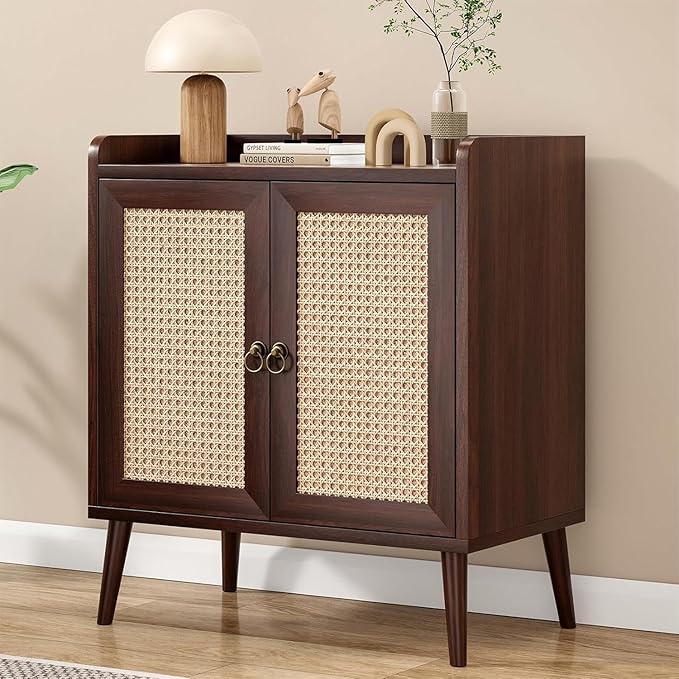 Sideboard Buffet Cabinet with Storage, Rustic Bar Liquor Cabinet with Boho Rattan Decorated Doors, Retro Credenza Console Table for Dining Room Living Room Hallway EntryWay, Walnut