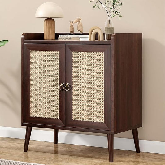 Sideboard Buffet Cabinet with Storage, Rustic Bar Liquor Cabinet with Boho Rattan Decorated Doors, Retro Credenza Console Table for Dining Room Living Room Hallway EntryWay, Walnut