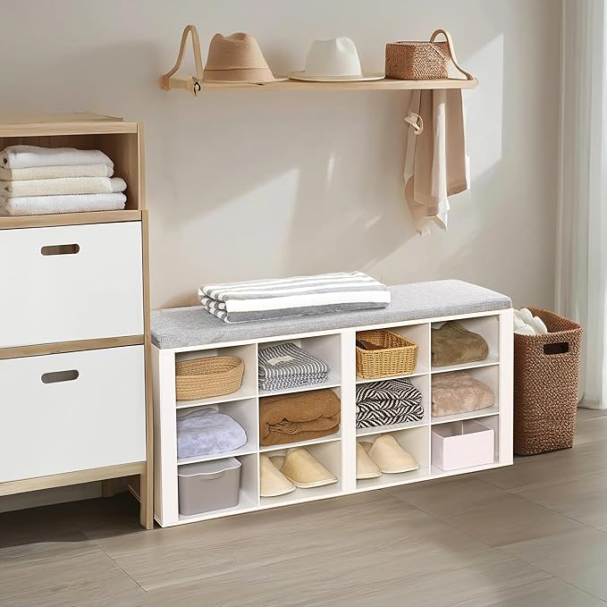 Shoe Bench with Cushion, Entryway Storage Bench with 12 Cubbies, Cubby Shoe Rack with Adjustable Shelves, Shoe Organizer Cabinet for Living Room, Bedroom, Entryway, White SB19003GY