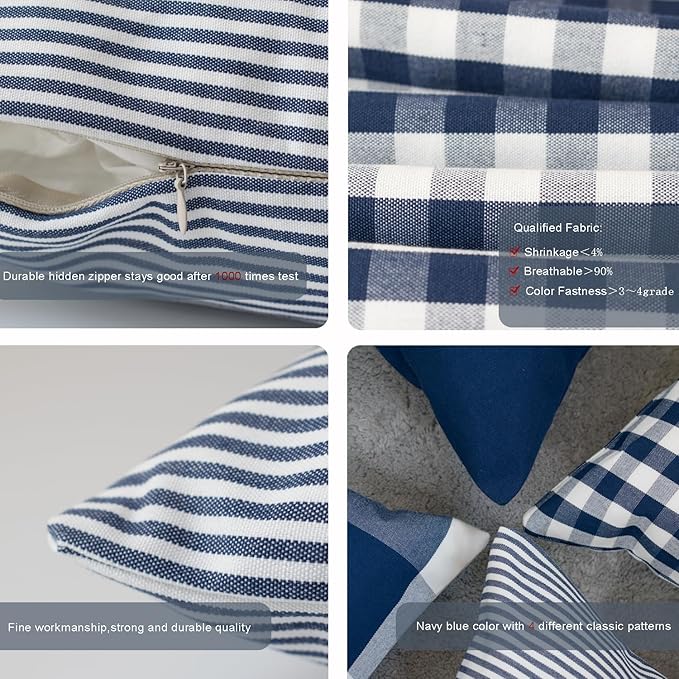 HOPLEE Christmas Pillow Covers 18x18 Nautical Blue and White Pillow Covers with Buffalo Plaid, Solid Navy Blue, Striped and Gingham Plaid Design 18x18 inch,4 Pack